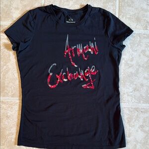 Armani Exchange Black and Red sequined Fitted Short Sleeve Tee